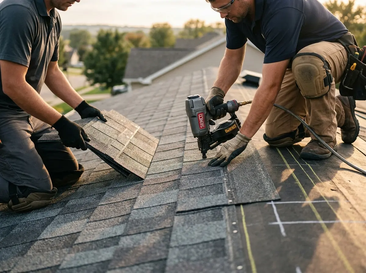 Professional roofer working on a residential roof in Martinsville